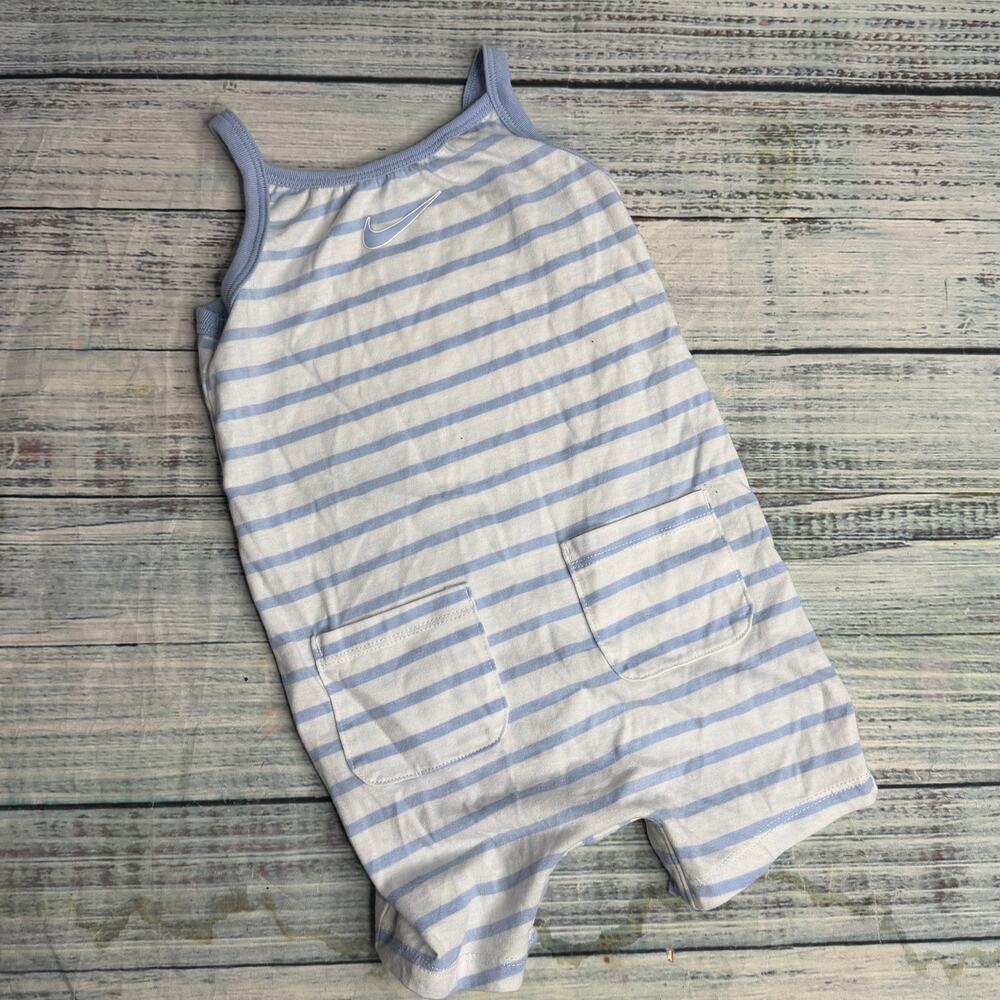 Nike Baby 12M Blue White Stripe Shortall Romper Swoosh Pocket One Piece